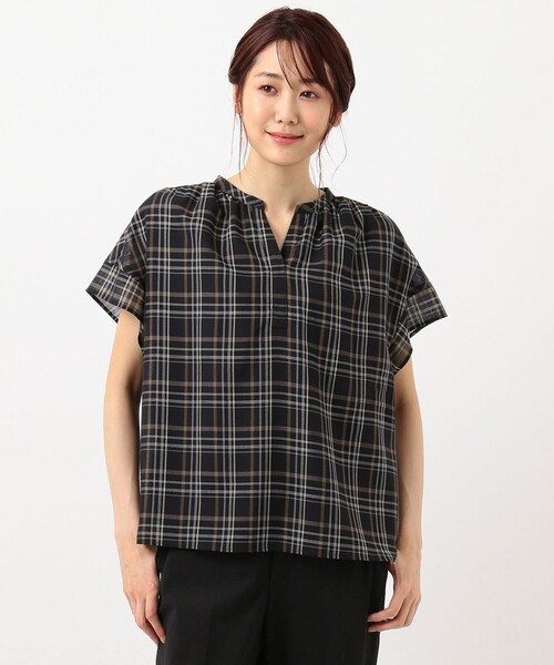 セール】シアーチェック＆ストライプ カットソー（Tシャツ/カットソー