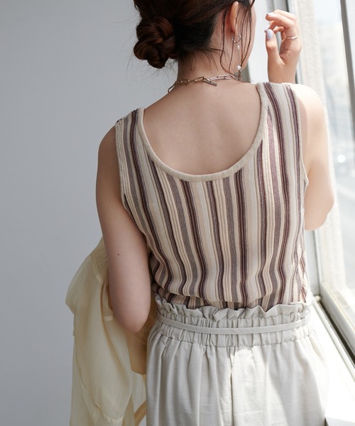 DISCOAT（ディスコート）の「ストライプニットタンクトップ（タンクトップ・レディース・ブラウン/グリーン・FREE）」の4枚目の写真