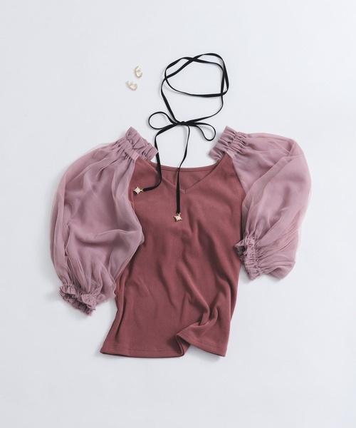J1U by LA BELLE ETUDE(ジユウバイラベルエチュード)の「パフチュールシフォン袖リブTOPS(Tシャツ/カットソー・レディース・ブラック/ピンク・FREE)」の18枚目の写真