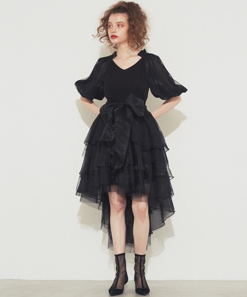 J1U by LA BELLE ETUDE(ジユウバイラベルエチュード)の「パフチュールシフォン袖リブTOPS(Tシャツ/カットソー・レディース・ブラック/ピンク・FREE)」の16枚目の写真
