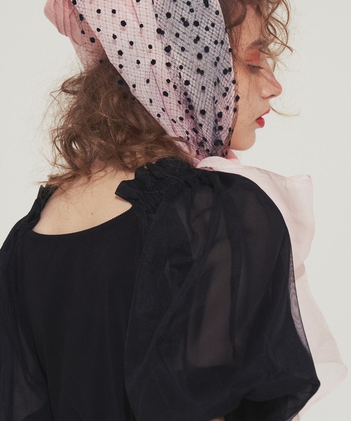 J1U by LA BELLE ETUDE(ジユウバイラベルエチュード)の「パフチュールシフォン袖リブTOPS(Tシャツ/カットソー・レディース・ブラック/ピンク・FREE)」の9枚目の写真