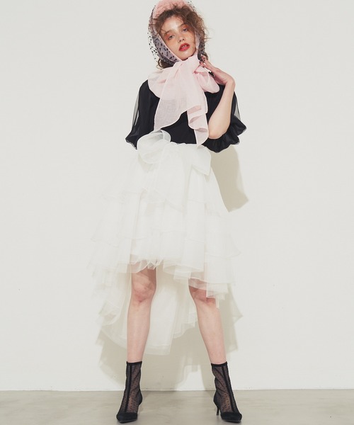 J1U by LA BELLE ETUDE(ジユウバイラベルエチュード)の「パフチュールシフォン袖リブTOPS(Tシャツ/カットソー・レディース・ブラック/ピンク・FREE)」の12枚目の写真