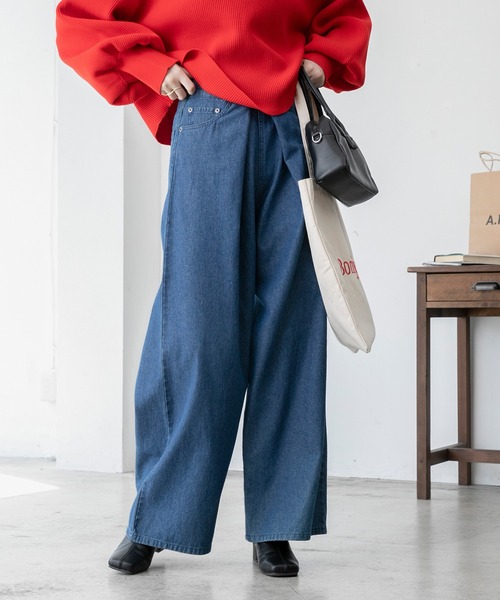 セール】フロントホック ワイド デニムパンツ（デニムパンツ