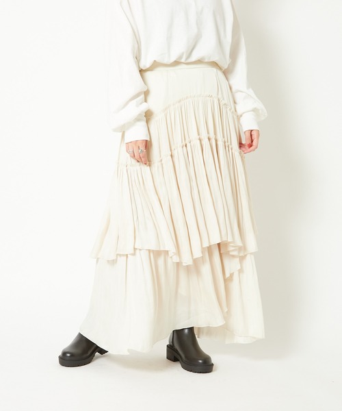 CIAOPANIC（チャオパニック）の「サテンティアードマキシスカート（スカート・レディース・ブラック/オリーブ/ピンク/アイボリー・FREE）」の5枚目の写真