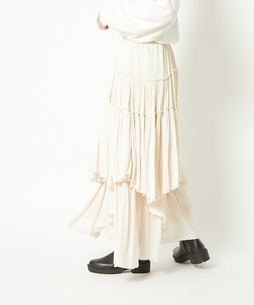 CIAOPANIC（チャオパニック）の「サテンティアードマキシスカート（スカート・レディース・ブラック/オリーブ/ピンク/アイボリー・FREE）」の7枚目の写真