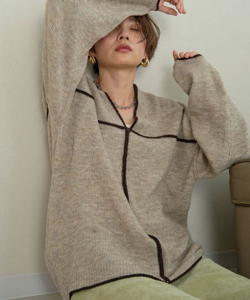 Bab（バブ）の「【WEB限定】配色パイピングルーズニットプルオーバー（ニット/セーター・レディース・ブラウン/アイボリー/グレー系その他・38）」の3枚目の写真