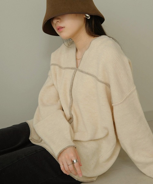 Bab（バブ）の「【WEB限定】配色パイピングルーズニットプルオーバー（ニット/セーター・レディース・ブラウン/アイボリー/グレー系その他・38）」の2枚目の写真