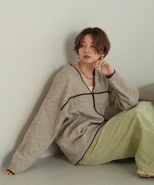 Bab（バブ）の「【WEB限定】配色パイピングルーズニットプルオーバー（ニット/セーター・レディース・ブラウン/アイボリー/グレー系その他・38）」の11枚目の写真