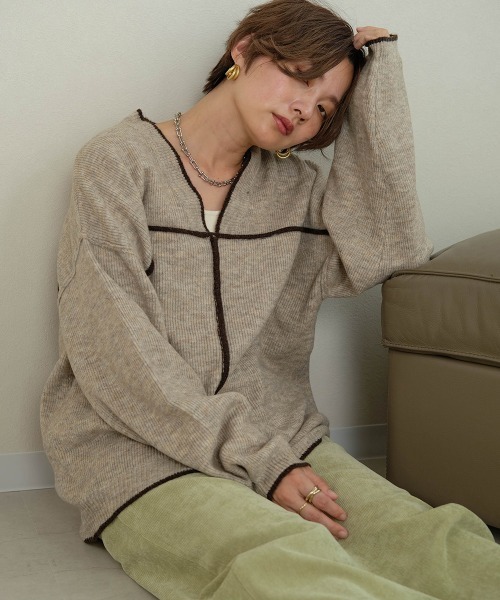Bab（バブ）の「【WEB限定】配色パイピングルーズニットプルオーバー（ニット/セーター・レディース・ブラウン/アイボリー/グレー系その他・38）」の15枚目の写真