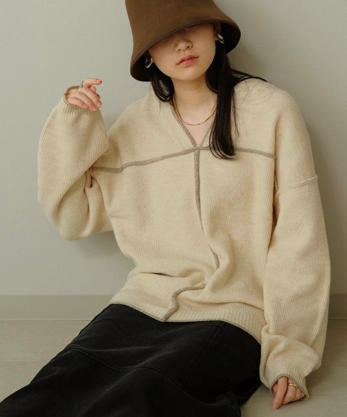 Bab（バブ）の「【WEB限定】配色パイピングルーズニットプルオーバー（ニット/セーター・レディース・ブラウン/アイボリー/グレー系その他・38）」の22枚目の写真