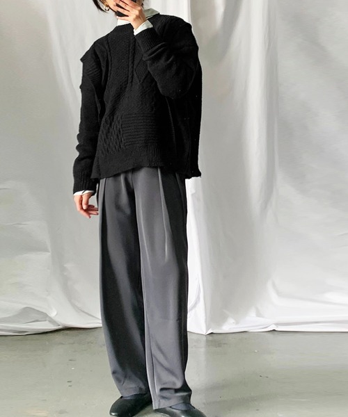 me+em select（ミームセレクト）の「パッチワークケーブルパターンニット【数量限定販売】（ニット/セーター・レディース・ピンク/ホワイト/ブラウン/ブラック・FREE）」の6枚目の写真