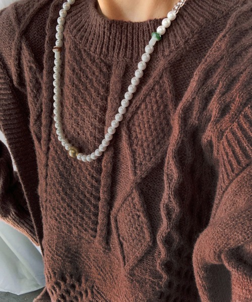 me+em select（ミームセレクト）の「パッチワークケーブルパターンニット【数量限定販売】（ニット/セーター・レディース・ピンク/ホワイト/ブラウン/ブラック・FREE）」の7枚目の写真