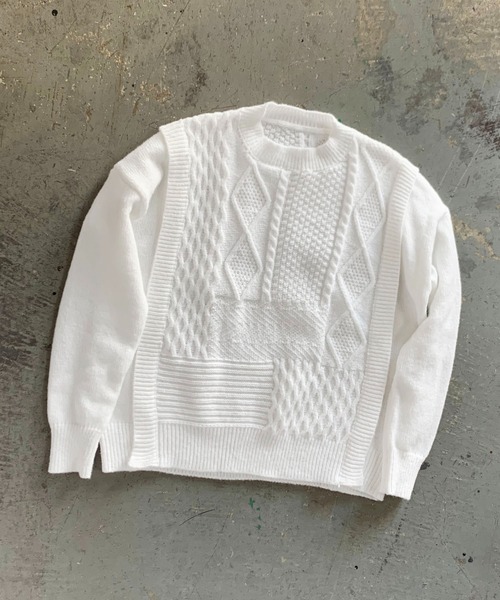 me+em select（ミームセレクト）の「パッチワークケーブルパターンニット【数量限定販売】（ニット/セーター・レディース・ピンク/ホワイト/ブラウン/ブラック・FREE）」の11枚目の写真