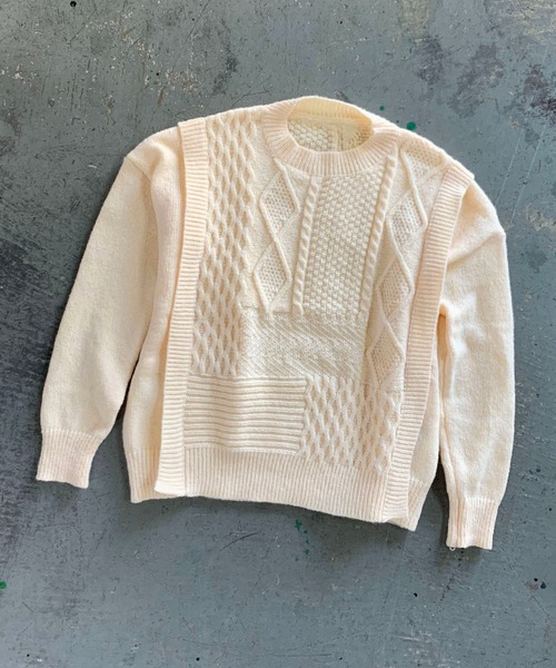 me+em select（ミームセレクト）の「パッチワークケーブルパターンニット【数量限定販売】（ニット/セーター・レディース・ピンク/ホワイト/ブラウン/ブラック・FREE）」の12枚目の写真