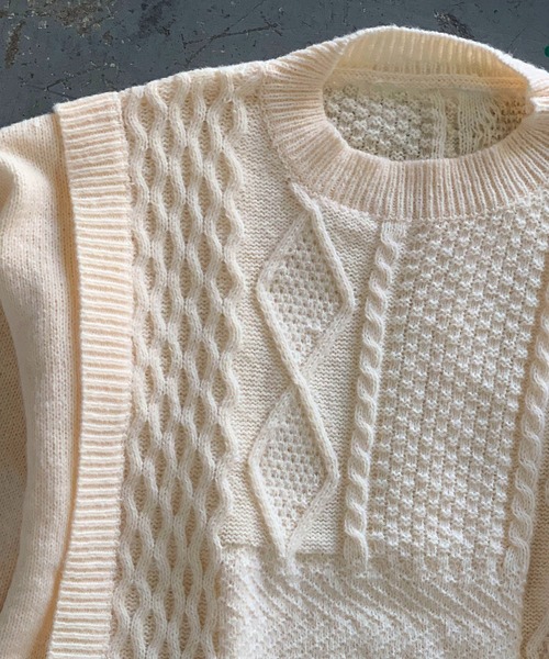 me+em select（ミームセレクト）の「パッチワークケーブルパターンニット【数量限定販売】（ニット/セーター・レディース・ピンク/ホワイト/ブラウン/ブラック・FREE）」の15枚目の写真