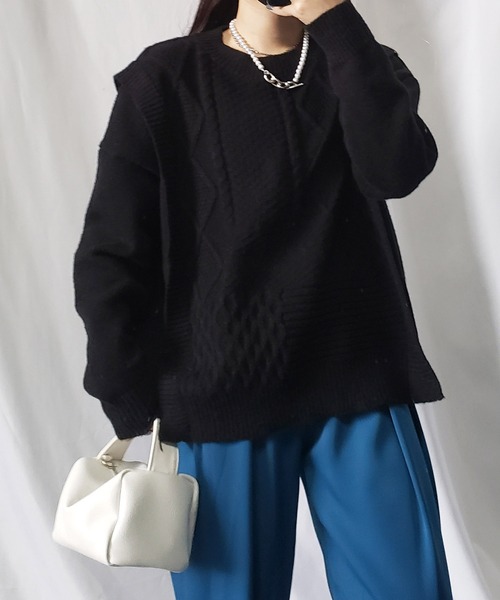 me+em select（ミームセレクト）の「パッチワークケーブルパターンニット【数量限定販売】（ニット/セーター・レディース・ピンク/ホワイト/ブラウン/ブラック・FREE）」の19枚目の写真