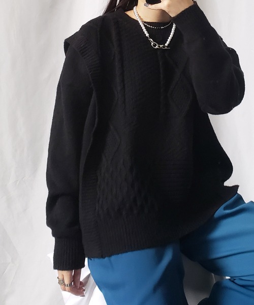 me+em select（ミームセレクト）の「パッチワークケーブルパターンニット【数量限定販売】（ニット/セーター・レディース・ピンク/ホワイト/ブラウン/ブラック・FREE）」の18枚目の写真