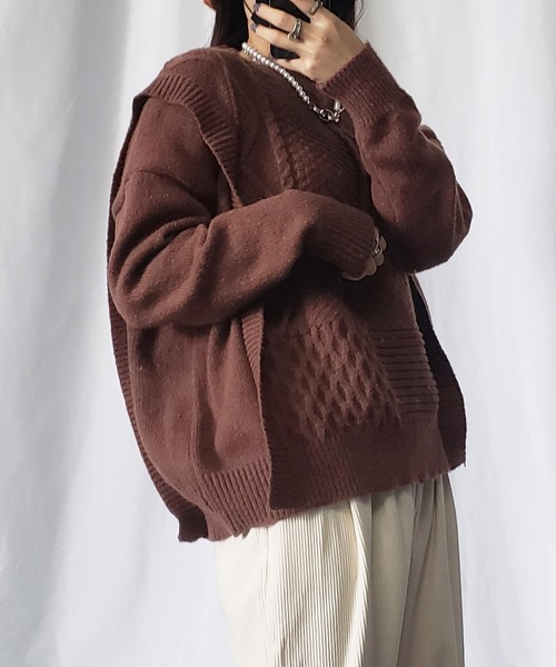 me+em select（ミームセレクト）の「パッチワークケーブルパターンニット【数量限定販売】（ニット/セーター・レディース・ピンク/ホワイト/ブラウン/ブラック・FREE）」の21枚目の写真