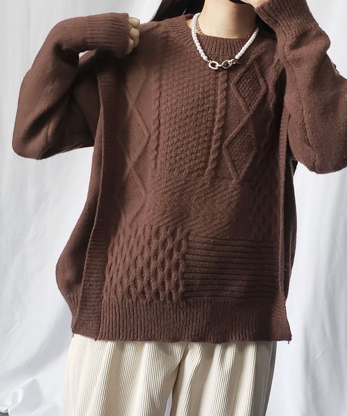 me+em select（ミームセレクト）の「パッチワークケーブルパターンニット【数量限定販売】（ニット/セーター・レディース・ピンク/ホワイト/ブラウン/ブラック・FREE）」の22枚目の写真