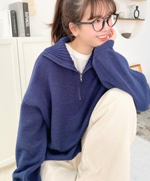 moment+ | 【New Arrival】5G ガーター編みハーフジップビッグカラーニットプルオーバー(ニット/セーター)