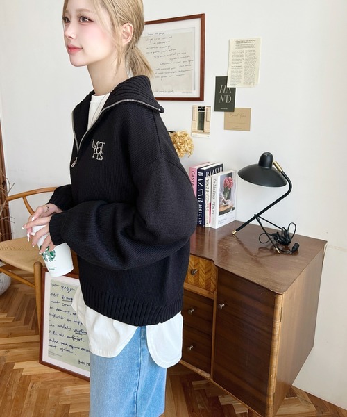 moment+（モーメントプラス）の「【累計販売枚数1万枚突破！】ハーフジップワンポイント刺繍入りニットプルオーバー（ニット/セーター・レディース・ブラック/ピンク/ブルー/アイボリー/イエロー×グリーン/チャコールグレー/ブラウン/ボルドー・FREE/L/M）」の18枚目の写真