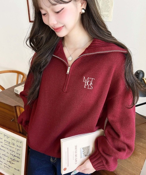 Malbon 半袖ニットトップス 刺繍入り Mサイズ 美品 moment+ ニット セーター 「累計販売枚数1万枚突破！」ハーフジップ