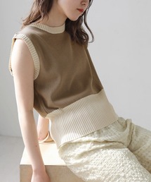 配色リブノースリーブトップス