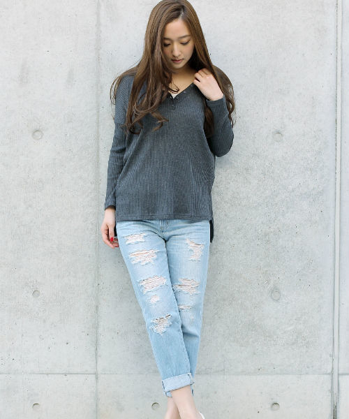 AZUL by moussy（アズールバイマウジー）の「ワイドリブテレコショートドルマン長袖PO（Tシャツ/カットソー・レディース・オフホワイト/ライトブラック・SMALL/MEDIUM）」の2枚目の写真