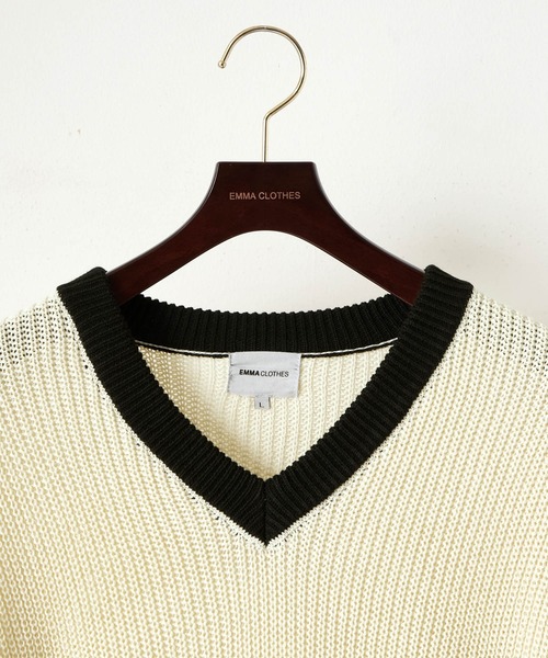 EMMA CLOTHES（エマクローズ）の「アゼ編み 配色Vネックプルオーバールーズニット EMMA CLOTHES（ニット/セーター・メンズ・グリーン/アイボリー/ネイビー/ワイン・M/L）」の10枚目の写真