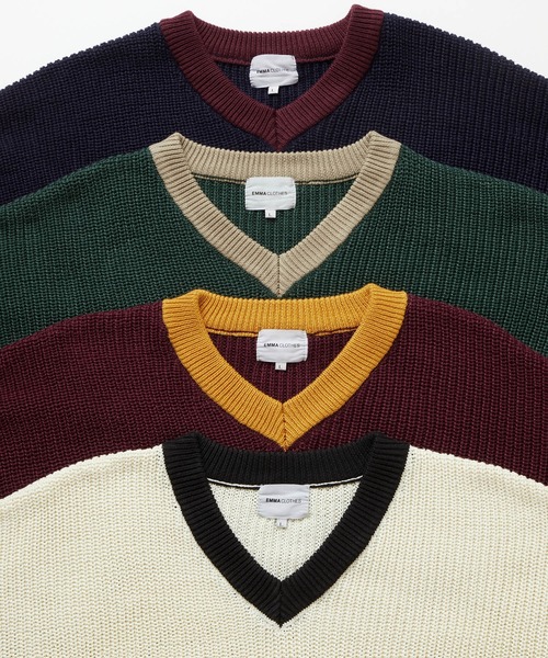 EMMA CLOTHES（エマクローズ）の「アゼ編み 配色Vネックプルオーバールーズニット EMMA CLOTHES（ニット/セーター・メンズ・グリーン/アイボリー/ネイビー/ワイン・M/L）」の15枚目の写真