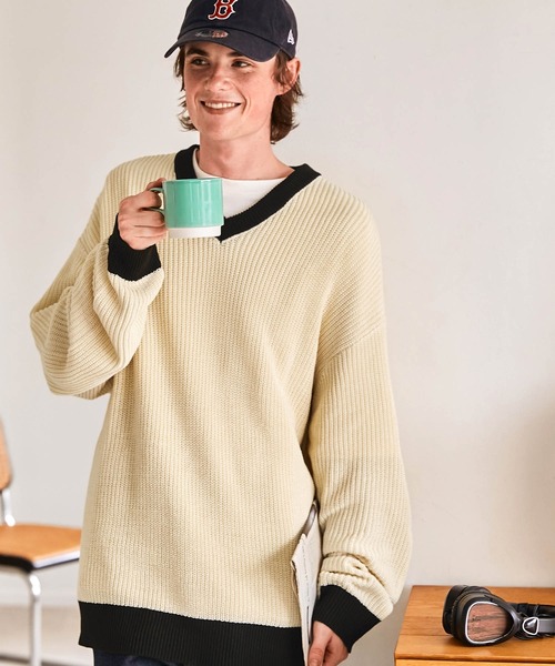 EMMA CLOTHES（エマクローズ）の「アゼ編み 配色Vネックプルオーバールーズニット EMMA CLOTHES（ニット/セーター・メンズ・グリーン/アイボリー/ネイビー/ワイン・M/L）」の16枚目の写真