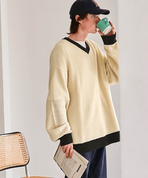 EMMA CLOTHES（エマクローズ）の「アゼ編み 配色Vネックプルオーバールーズニット EMMA CLOTHES（ニット/セーター・メンズ・グリーン/アイボリー/ネイビー/ワイン・M/L）」の17枚目の写真