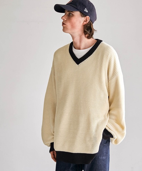 EMMA CLOTHES（エマクローズ）の「アゼ編み 配色Vネックプルオーバールーズニット EMMA CLOTHES（ニット/セーター・メンズ・グリーン/アイボリー/ネイビー/ワイン・M/L）」の18枚目の写真