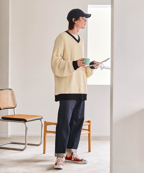 EMMA CLOTHES（エマクローズ）の「アゼ編み 配色Vネックプルオーバールーズニット EMMA CLOTHES（ニット/セーター・メンズ・グリーン/アイボリー/ネイビー/ワイン・M/L）」の19枚目の写真