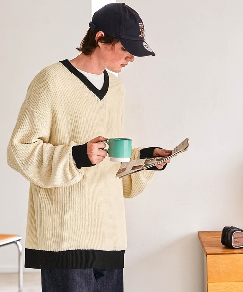 EMMA CLOTHES（エマクローズ）の「アゼ編み 配色Vネックプルオーバールーズニット EMMA CLOTHES（ニット/セーター・メンズ・グリーン/アイボリー/ネイビー/ワイン・M/L）」の20枚目の写真