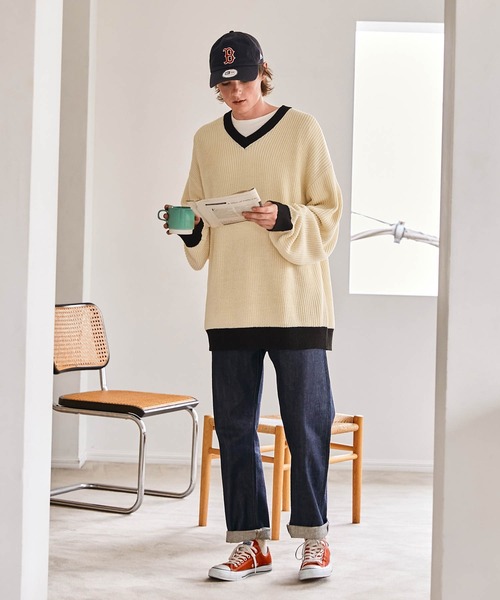 EMMA CLOTHES（エマクローズ）の「アゼ編み 配色Vネックプルオーバールーズニット EMMA CLOTHES（ニット/セーター・メンズ・グリーン/アイボリー/ネイビー/ワイン・M/L）」の21枚目の写真