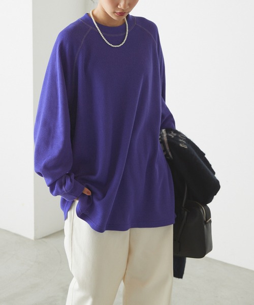 forksy.(フォルクシー)の「【forksy.】ワッフル配色ステッチラグランロングTシャツ(Tシャツ/カットソー・レディース・ブラック/パープル/グレー/オフホワイト/アイボリー/ピンク/ホワイト×ブラック/ブルー/グレー系/ホワイト×ネイビー/ブラック系・FREE)」の10枚目の写真