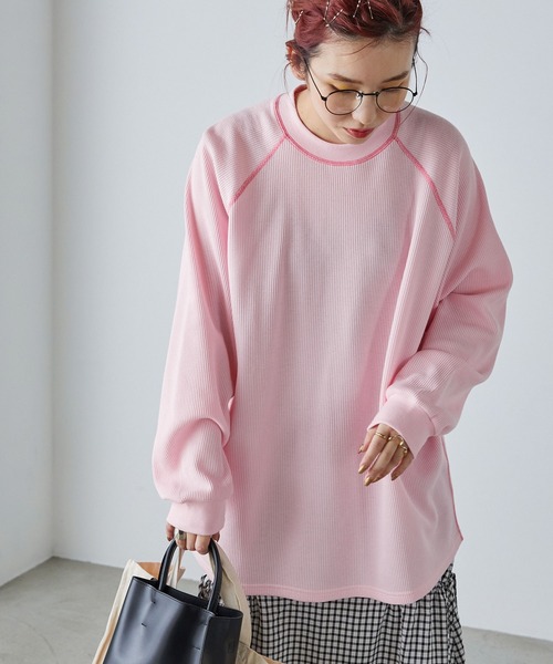 forksy.(フォルクシー)の「【forksy.】ワッフル配色ステッチラグランロングTシャツ(Tシャツ/カットソー・レディース・ブラック/パープル/グレー/オフホワイト/アイボリー/ピンク/ホワイト×ブラック/ブルー/グレー系/ホワイト×ネイビー/ブラック系・FREE)」の11枚目の写真