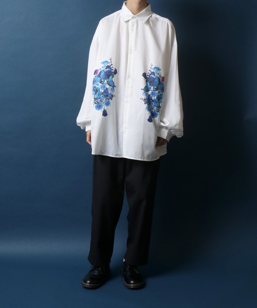 ANPAS(アンパス)の「Flower Print Oversize Balloon Sleeve Shirt/花柄 オーバーサイズ バルーンスリーブ シャツ(シャツ/ブラウス・メンズ・ホワイト/ブラック・M/L)」の13枚目の写真