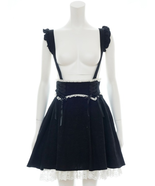 シークレットハニー サスペンダー付　ジャガード　フレア　パンツ　黒 Secret Honey（シークレットハニー）の「サスペンダー付ジャガード