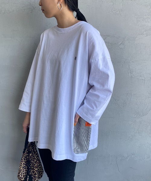 UNIVERSAL OVERALL（ユニバーサルオーバーオール）の「【FINEBOYS 9月号掲載】[UNIVERSAL OVERALL/ユニバーサルオーバーオール] 別注 7分袖 カバーオールTシャツ（Tシャツ/カットソー・レディース・ホワイト/ブラック/ベージュ/サックスブルー/オートミール・S/M/L）」の2枚目の写真