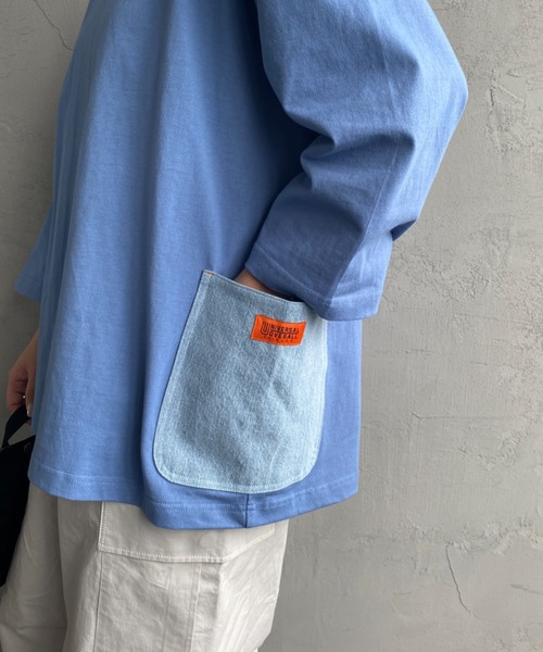 UNIVERSAL OVERALL（ユニバーサルオーバーオール）の「【FINEBOYS 9月号掲載】[UNIVERSAL OVERALL/ユニバーサルオーバーオール] 別注 7分袖 カバーオールTシャツ（Tシャツ/カットソー・レディース・ホワイト/ブラック/ベージュ/サックスブルー/オートミール・S/M/L）」の17枚目の写真