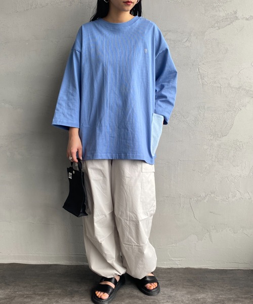 UNIVERSAL OVERALL（ユニバーサルオーバーオール）の「【FINEBOYS 9月号掲載】[UNIVERSAL OVERALL/ユニバーサルオーバーオール] 別注 7分袖 カバーオールTシャツ（Tシャツ/カットソー・レディース・ホワイト/ブラック/ベージュ/サックスブルー/オートミール・S/M/L）」の19枚目の写真