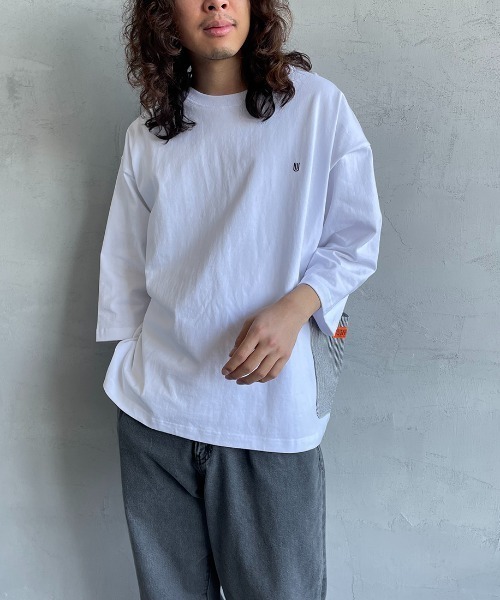 UNIVERSAL OVERALL（ユニバーサルオーバーオール）の「【FINEBOYS 9月号掲載】[UNIVERSAL OVERALL/ユニバーサルオーバーオール] 別注 7分袖 カバーオールTシャツ（Tシャツ/カットソー・レディース・ホワイト/ブラック/ベージュ/サックスブルー/オートミール・S/M/L）」の9枚目の写真