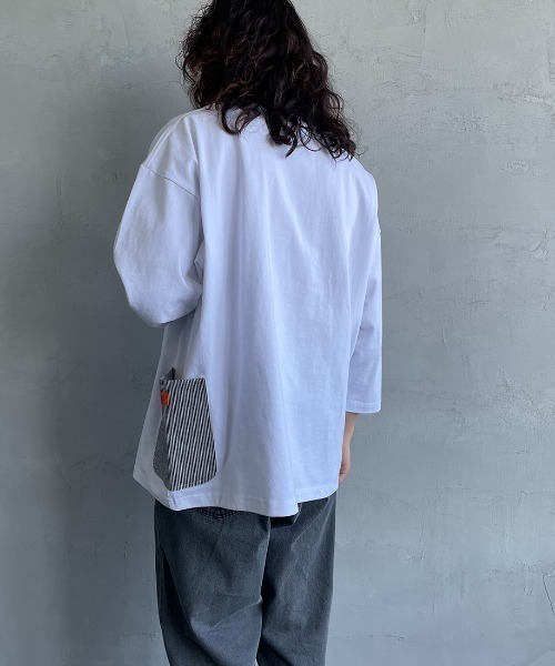 UNIVERSAL OVERALL（ユニバーサルオーバーオール）の「【FINEBOYS 9月号掲載】[UNIVERSAL OVERALL/ユニバーサルオーバーオール] 別注 7分袖 カバーオールTシャツ（Tシャツ/カットソー・レディース・ホワイト/ブラック/ベージュ/サックスブルー/オートミール・S/M/L）」の22枚目の写真