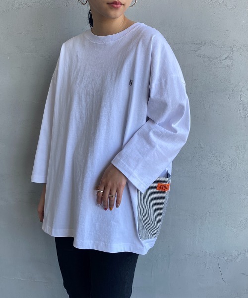 UNIVERSAL OVERALL（ユニバーサルオーバーオール）の「【FINEBOYS 9月号掲載】[UNIVERSAL OVERALL/ユニバーサルオーバーオール] 別注 7分袖 カバーオールTシャツ（Tシャツ/カットソー・レディース・ホワイト/ブラック/ベージュ/サックスブルー/オートミール・S/M/L）」の7枚目の写真