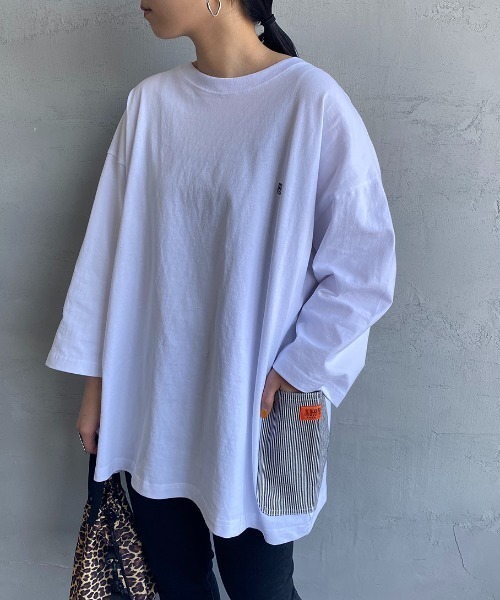 UNIVERSAL OVERALL（ユニバーサルオーバーオール）の「【FINEBOYS 9月号掲載】[UNIVERSAL OVERALL/ユニバーサルオーバーオール] 別注 7分袖 カバーオールTシャツ（Tシャツ/カットソー・レディース・ホワイト/ブラック/ベージュ/サックスブルー/オートミール・S/M/L）」の8枚目の写真