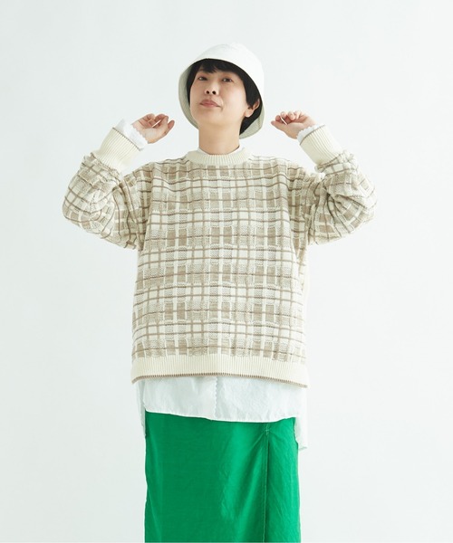 yuni（ユニ　）の「コットンチェックジャカード　プルオーバー（ニット/セーター・レディース・ベージュ/ブラック・FREE）」の6枚目の写真