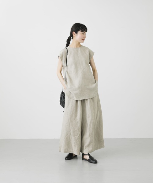 かぐれ　リネンクルーネックフレンチスリーブ　美品 新品タグ付◇ リネンクルーネックフレンチスリーブ ナチュラル