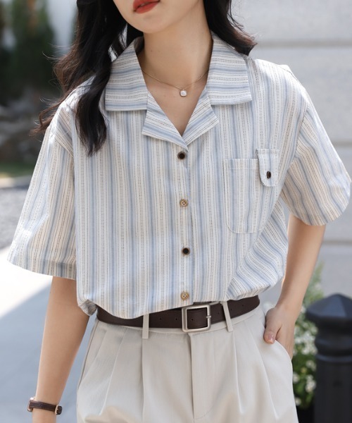 Vipoa（ヴィポア）の「French retro casual stripe shirt（シャツ/ブラウス・レディース・ブルー・FREE）」の12枚目の写真